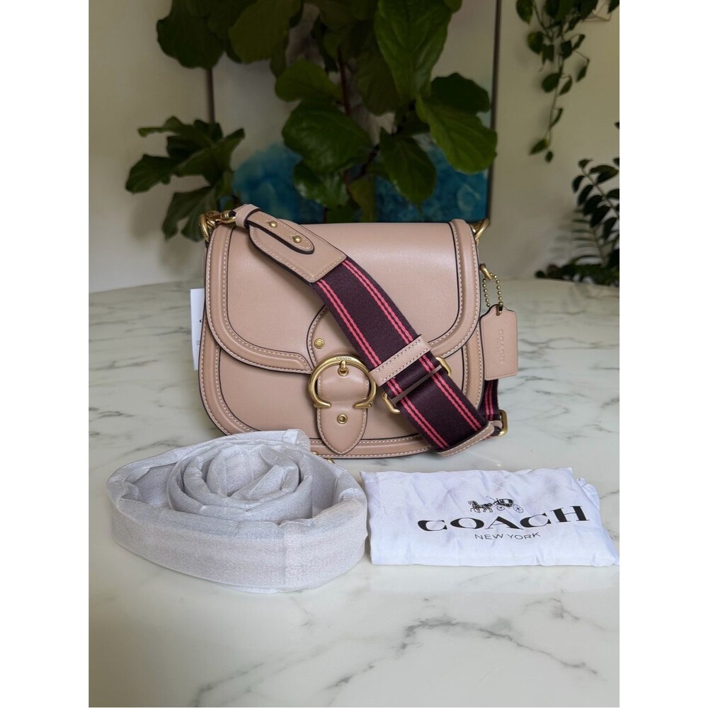 NWT COACH Glovetanned Leather Beat Saddle Bag Taupe / Brass C3738 Webbing Strap